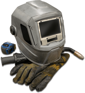 Welders mask, work gloves, and mig torch